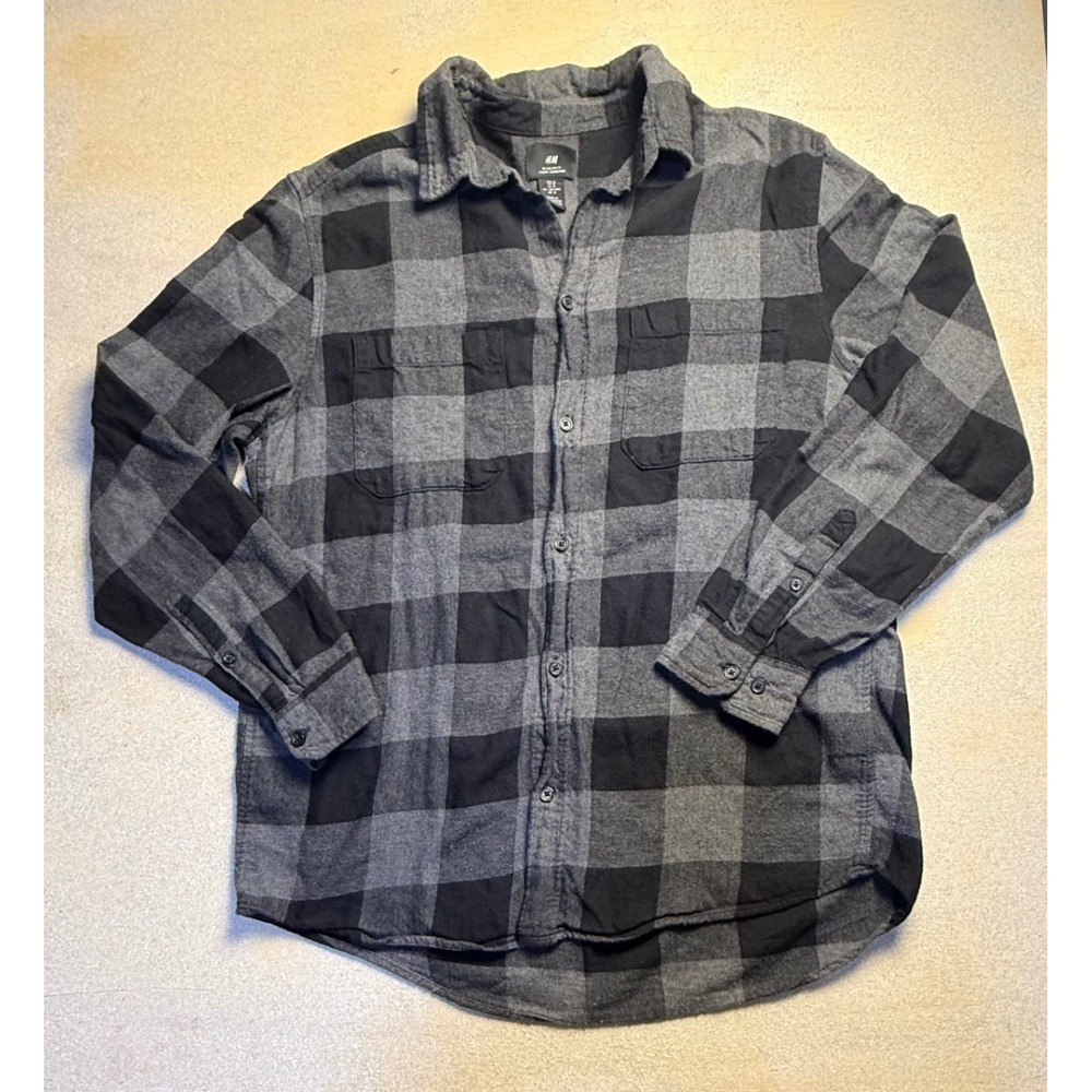 HM Mens Regular Fit Flannel Shirt Grey Black Buffalo Plaid Cotton Size M-2383